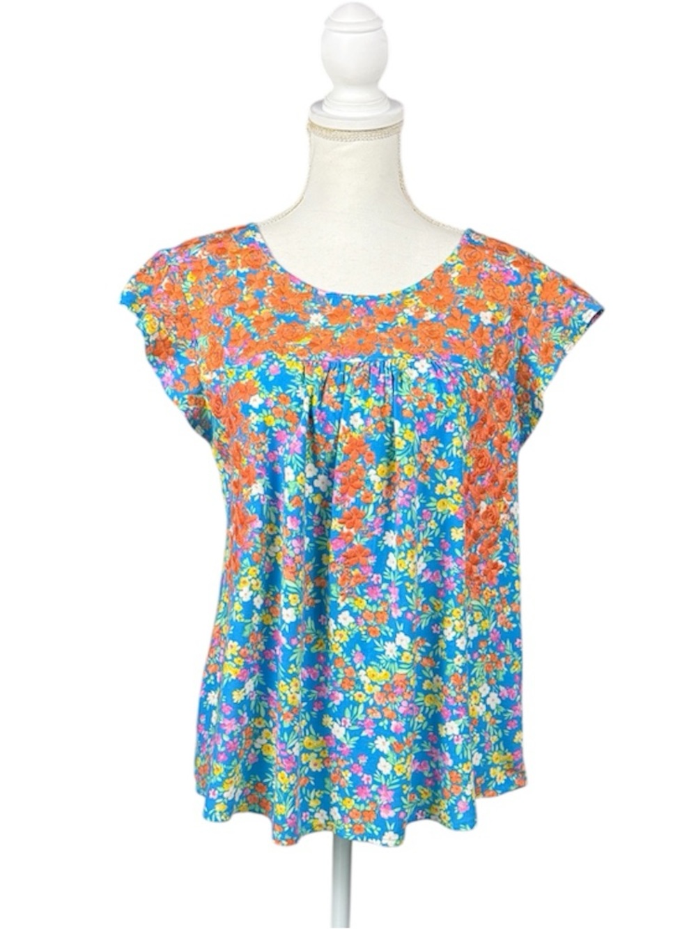 Savanna Jane Flutter Sleeve Embroidered Top Blue Orange Size Medium